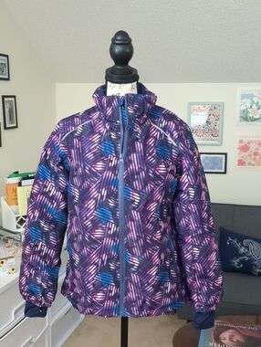 Girls' Purple Geometric Print Puffer Jacket - Lightweight Warmth